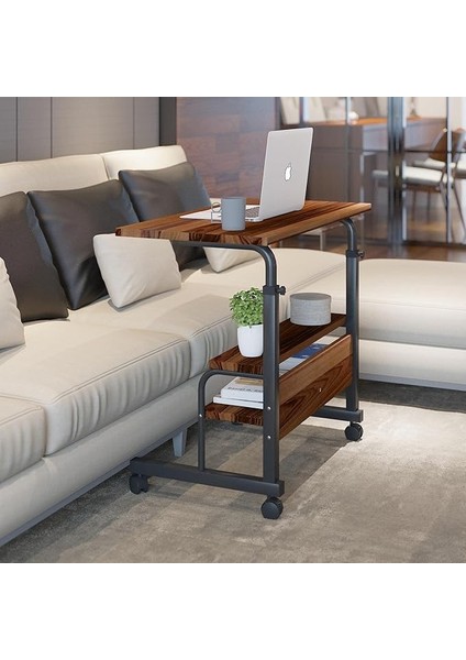 80X40 Yükseklik Ayarlı Raflı Kilitli Tekerlekli Taşınabilir Laptop Sehpası ve Çalışma Masası Kahverengi