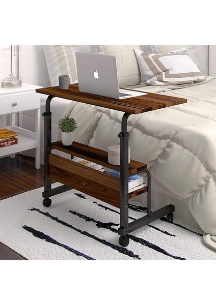 80X40 Yükseklik Ayarlı Raflı Kilitli Tekerlekli Taşınabilir Laptop Sehpası ve Çalışma Masası Kahverengi modelleri