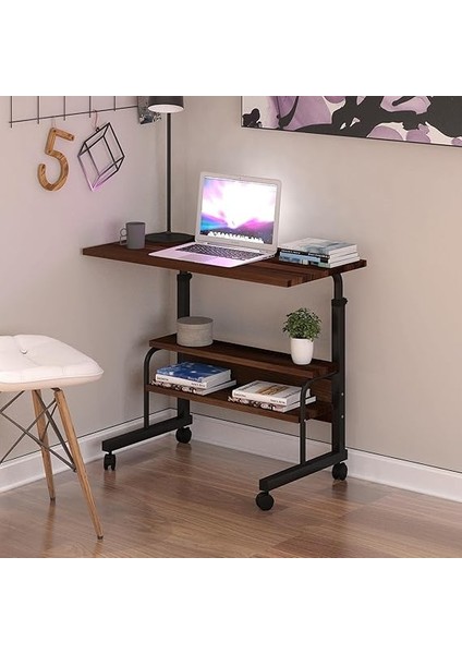 80X40 Yükseklik Ayarlı Raflı Kilitli Tekerlekli Taşınabilir Laptop Sehpası ve Çalışma Masası Kahverengi indirimleri