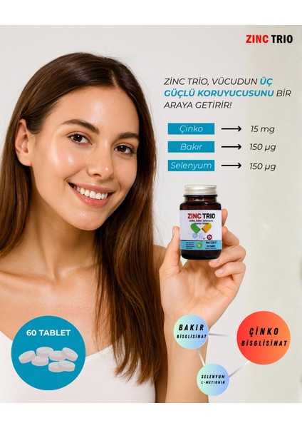 ZincTrio 60 Tablet Çinko, Bakır, Selenyum İçeren Mineral Takviyesi fiyatları