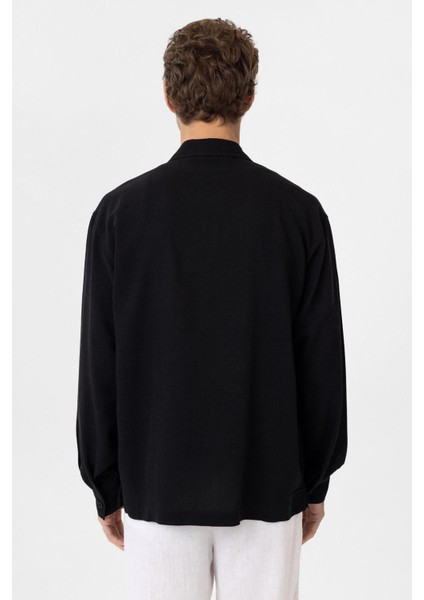 Siyah Keten Karışımlı Relaxed Erkek Gömlek