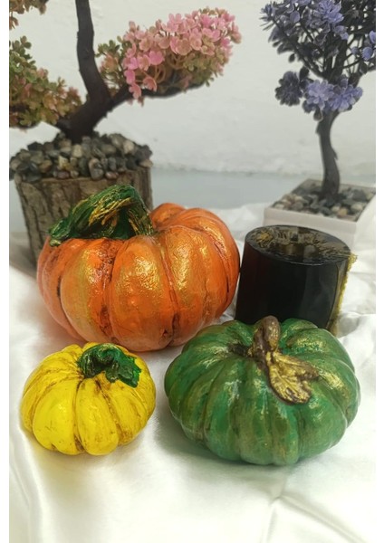 Kabak Figürlü Dekor Seti–doğal Masa Süsleri-Kabak & Mum Seti-Biblo Dekoratif Set B. Boy Turuncu