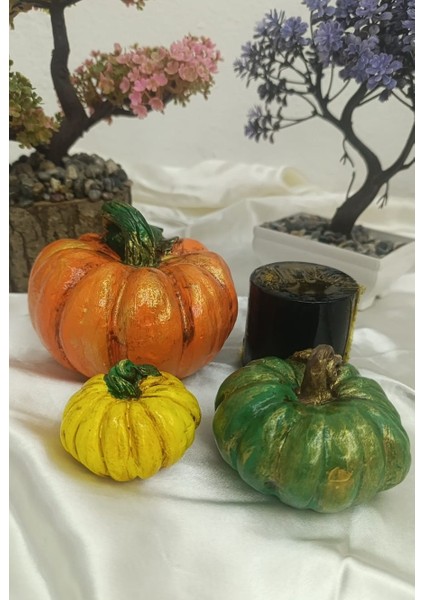 Kabak Figürlü Dekor Seti–doğal Masa Süsleri-Kabak & Mum Seti-Biblo Dekoratif Set B. Boy Turuncu modelleri