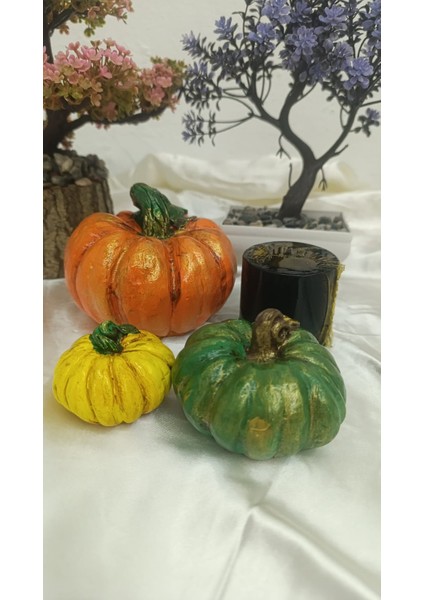 Kabak Figürlü Dekor Seti–doğal Masa Süsleri-Kabak & Mum Seti-Biblo Dekoratif Set B. Boy Turuncu fırsatları