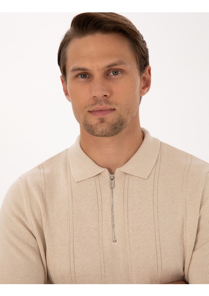 Erkek Bej Slim Fit Polo Yaka Fermuarlı Triko Kazak 50317398-VR011 fiyatları