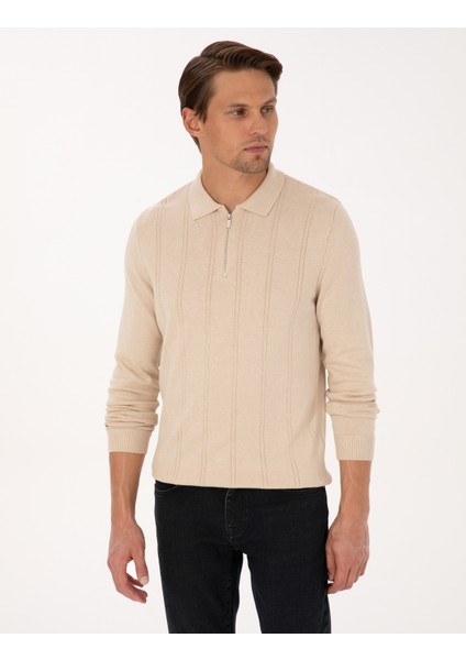 Erkek Bej Slim Fit Polo Yaka Fermuarlı Triko Kazak 50317398-VR011 modelleri