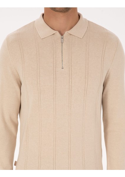 Erkek Bej Slim Fit Polo Yaka Fermuarlı Triko Kazak 50317398-VR011