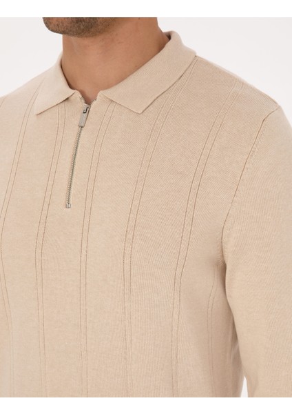 Erkek Bej Slim Fit Polo Yaka Fermuarlı Triko Kazak 50317398-VR011