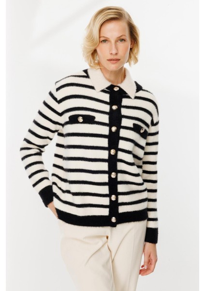 Cep Detay Çizgili Triko Hırka-Siyah