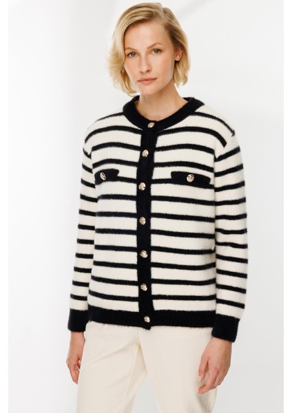 Cep Detay Çizgili Triko Hırka-Siyah