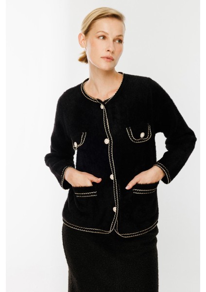 Cep Detaylı Triko Hırka-SİYAH