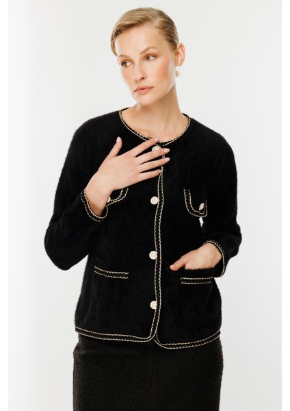 Cep Detaylı Triko Hırka-SİYAH