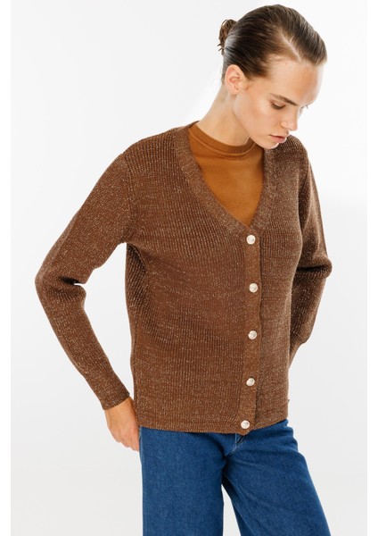 Simli Düğmeli Triko Hırka-KAHVE