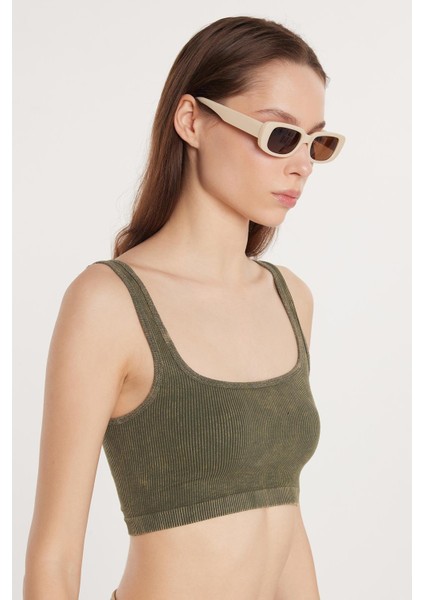 Kadın Slim Fit Dar Kesim Askılı U Yaka Haki Crop Atlet