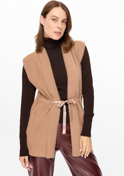 Kuşaklı Triko Yelek-KARAMEL