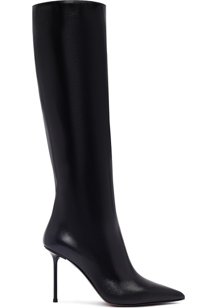 Kadın Siyah Fermuarlı Yüksek Ince Topuklu Deri Çizme 25WFD101618