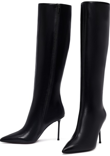 Kadın Siyah Fermuarlı Yüksek Ince Topuklu Deri Çizme 25WFD101618 modelleri