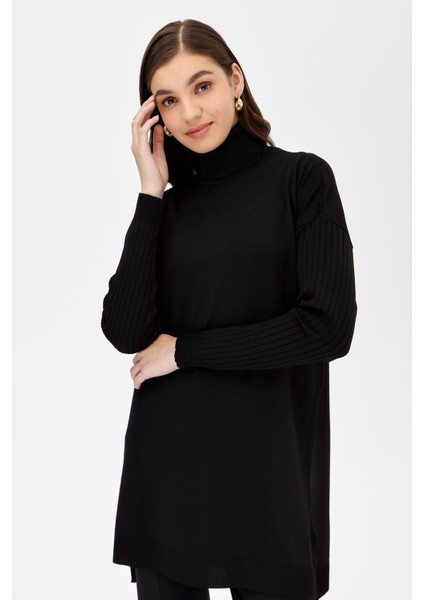 Balıkçı Yaka Kolları Fitilli Triko Tunik-SİYAH