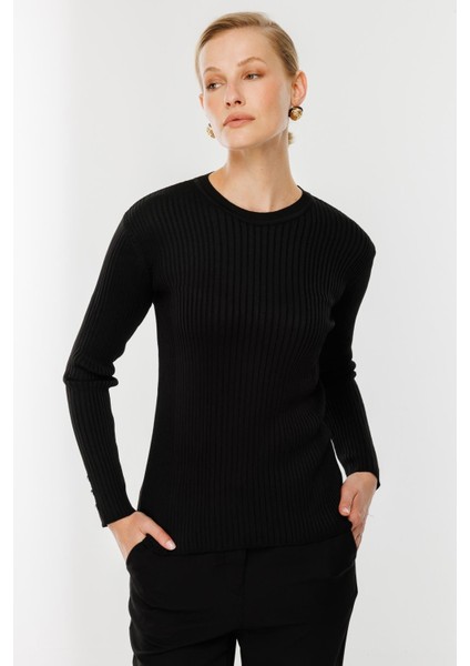 Sıfır Yaka Fitilli Triko Kazak-SİYAH