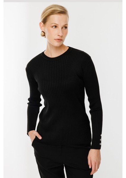 Sıfır Yaka Fitilli Triko Kazak-SİYAH