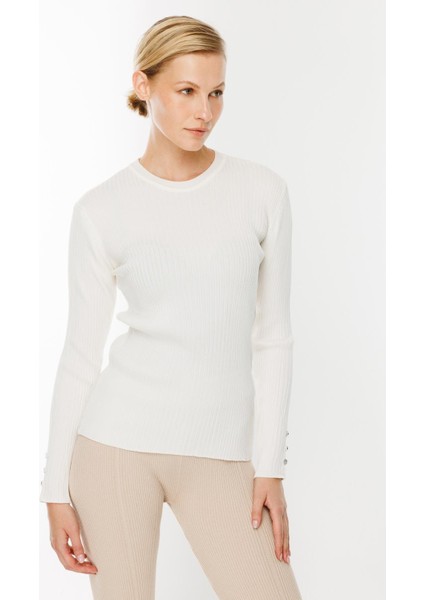 Sıfır Yaka Fitilli Triko Kazak-EKRU