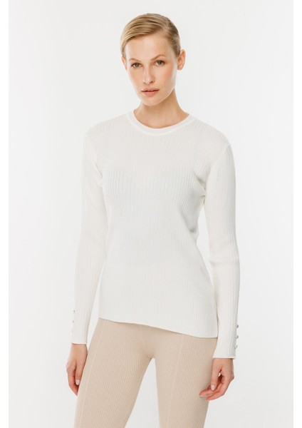 Sıfır Yaka Fitilli Triko Kazak-EKRU