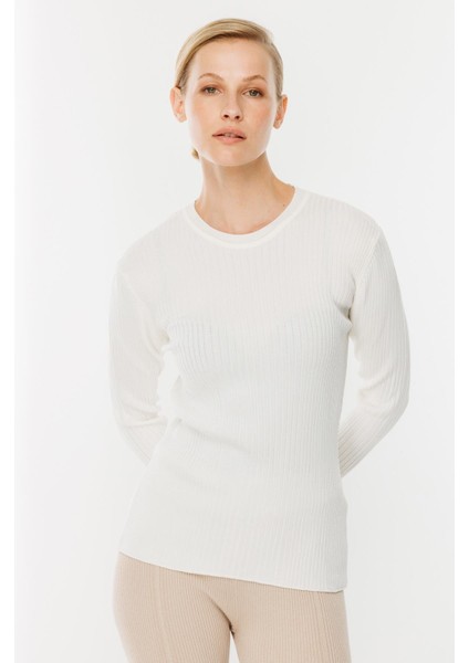 Sıfır Yaka Fitilli Triko Kazak-EKRU