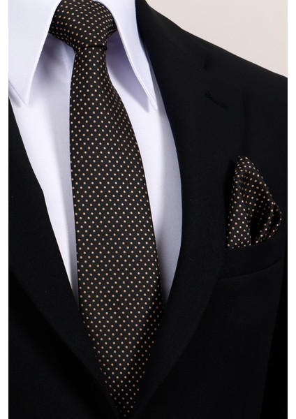 8 cm Hand Made Siyah - Bej Nokta Desenli Mendilli Kravat