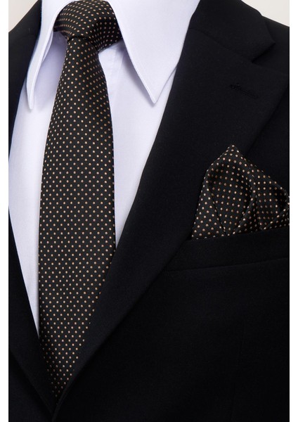 8 cm Hand Made Siyah - Bej Nokta Desenli Mendilli Kravat fiyatları