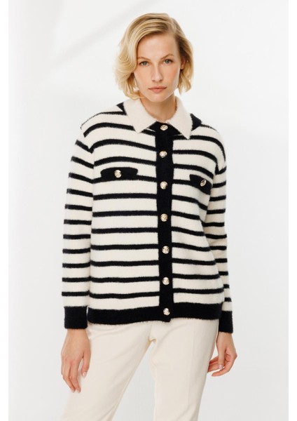 Cep Detay Çizgili Triko Hırka-Siyah