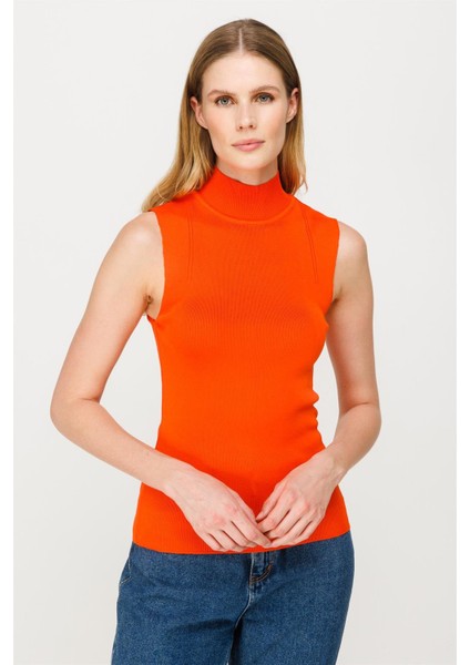 Yarım Balıkçı Kolsuz Basic Triko Kazak-ORANJE