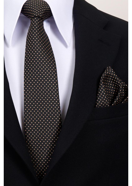 8 cm Hand Made Siyah - Bej Nokta Desenli Mendilli Kravat modelleri