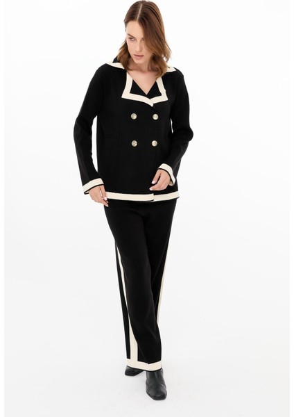 Kruvaze Biyeli Ceket-Pantolon Triko Takım-SİYAH
