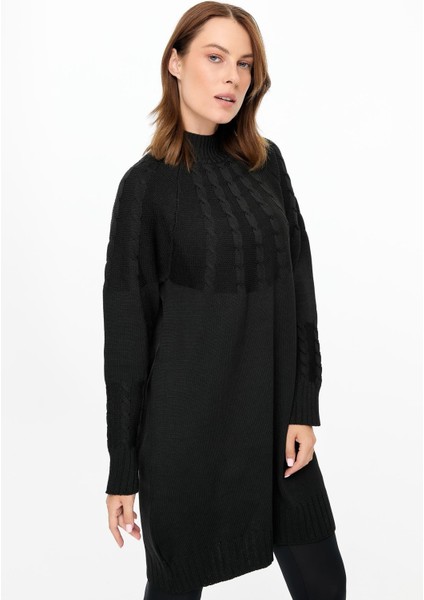 Saç Örgü Kombinli Triko Tunik-SİYAH