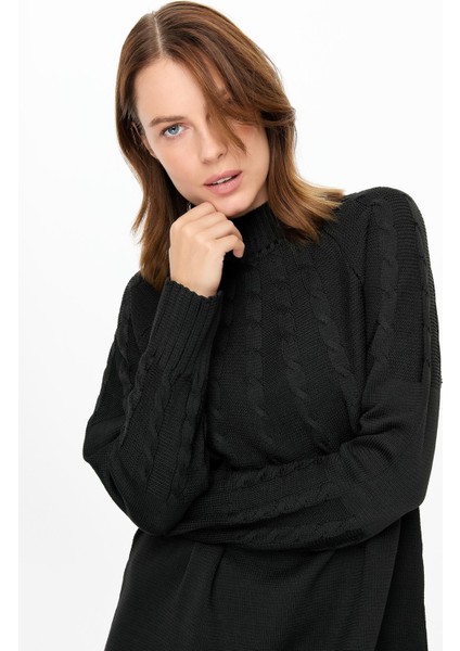 Saç Örgü Kombinli Triko Tunik-SİYAH