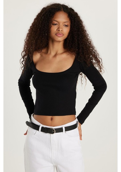 Kadın Modal Kumaş Slim Fit Dar Kesim Kare Yaka Siyah Bluz fırsatları