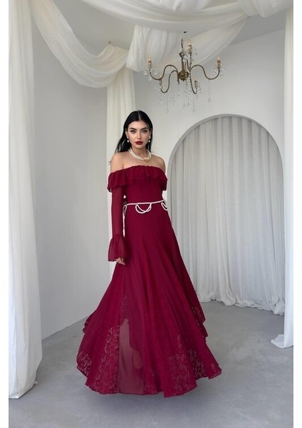 Bordo Eteği Dantel Straplezi ve Kolları Büzgü Detaylı Kadın Elbise