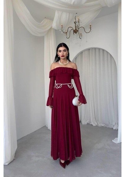 Bordo Eteği Dantel Straplezi ve Kolları Büzgü Detaylı Kadın Elbise fiyatları