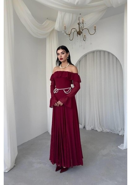 Bordo Eteği Dantel Straplezi ve Kolları Büzgü Detaylı Kadın Elbise modelleri