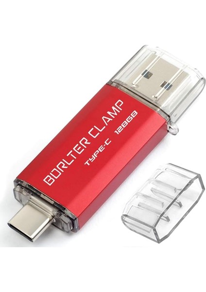 Clamp Type C USB Bellek 128 GB Otg 2'si 1 Arada Bellek Çift Portlu USB 3.0 Flash Sürücü, USB C Bağlantılı, Akıllı Telefon, Tablet ve Bilgisayar Için (Kırmızı)