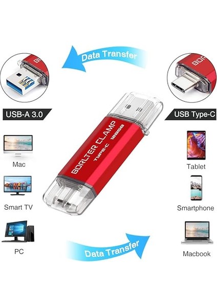 Clamp Type C USB Bellek 128 GB Otg 2'si 1 Arada Bellek Çift Portlu USB 3.0 Flash Sürücü, USB C Bağlantılı, Akıllı Telefon, Tablet ve Bilgisayar Için (Kırmızı) fiyatları