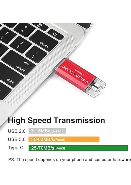Clamp Type C USB Bellek 128 GB Otg 2'si 1 Arada Bellek Çift Portlu USB 3.0 Flash Sürücü, USB C Bağlantılı, Akıllı Telefon, Tablet ve Bilgisayar Için (Kırmızı) indirimleri