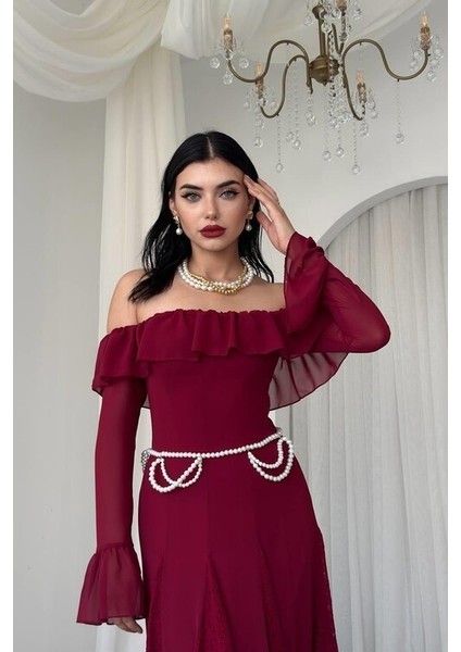 Bordo Eteği Dantel Straplezi ve Kolları Büzgü Detaylı Kadın Elbise fırsatları