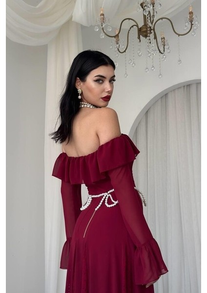 Bordo Eteği Dantel Straplezi ve Kolları Büzgü Detaylı Kadın Elbise indirimleri