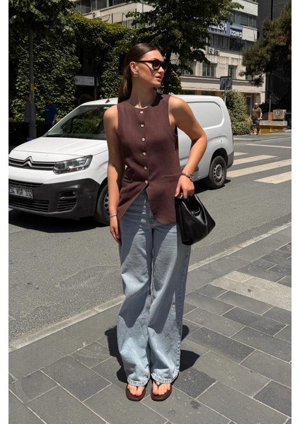 Kahve Keten Karışımlı Kadın Uzun Yelek