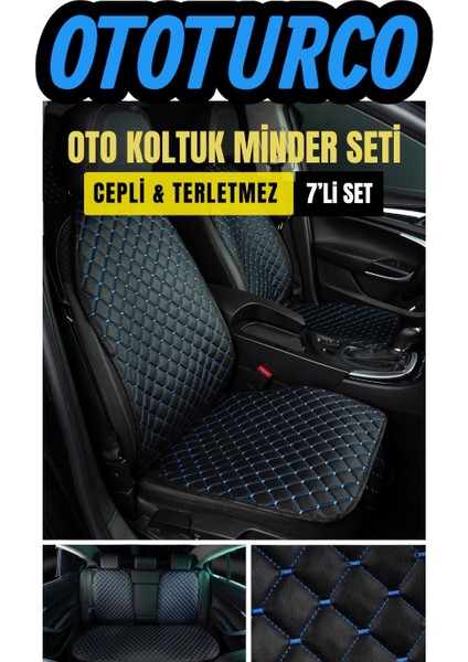 Ergonomik,ortopedik,suni Deri Kapitoneli Lüks Ototurco Oto Koltuk Kılıfı-Minderi (7li Tam Set)Siyah-Mavi