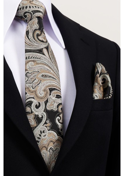 8 cm Hand Made Siyah - Bej Desenli Mendilli Kravat