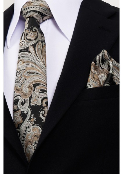 8 cm Hand Made Siyah - Bej Desenli Mendilli Kravat fiyatları