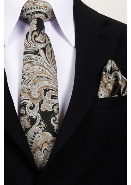 8 cm Hand Made Siyah - Bej Desenli Mendilli Kravat modelleri