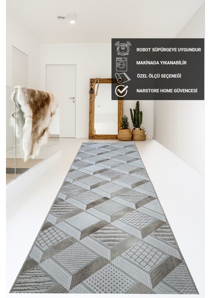 Dinar Motif Bej Kahverengi Kaymaz Taban Kesme Yolluk Halı Modern Desen